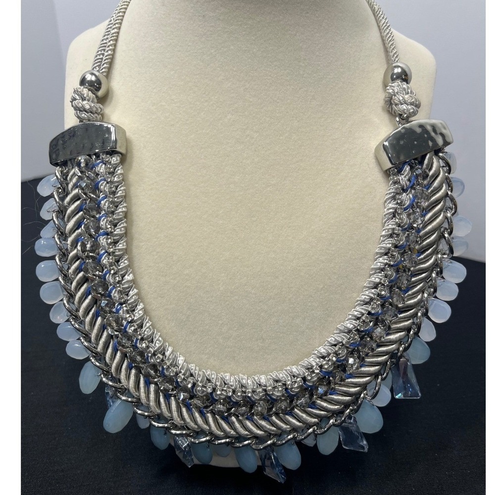 Chicos Silver Tone Blue Bead Bib Statement Necklace Mixed Chain Crystal Fringe